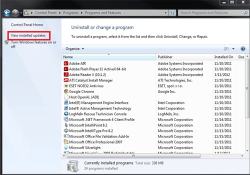 Windows 7 Control Panel, Programs, View Installed Updates